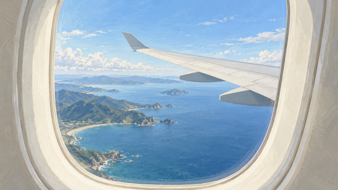 飛行機の窓から翼と青い海を眺めるイメージイラスト