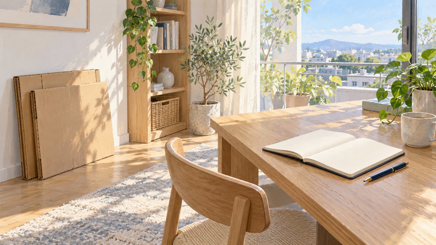 片づけた梱包箱の横に開いたノートを置いたイメージイラスト